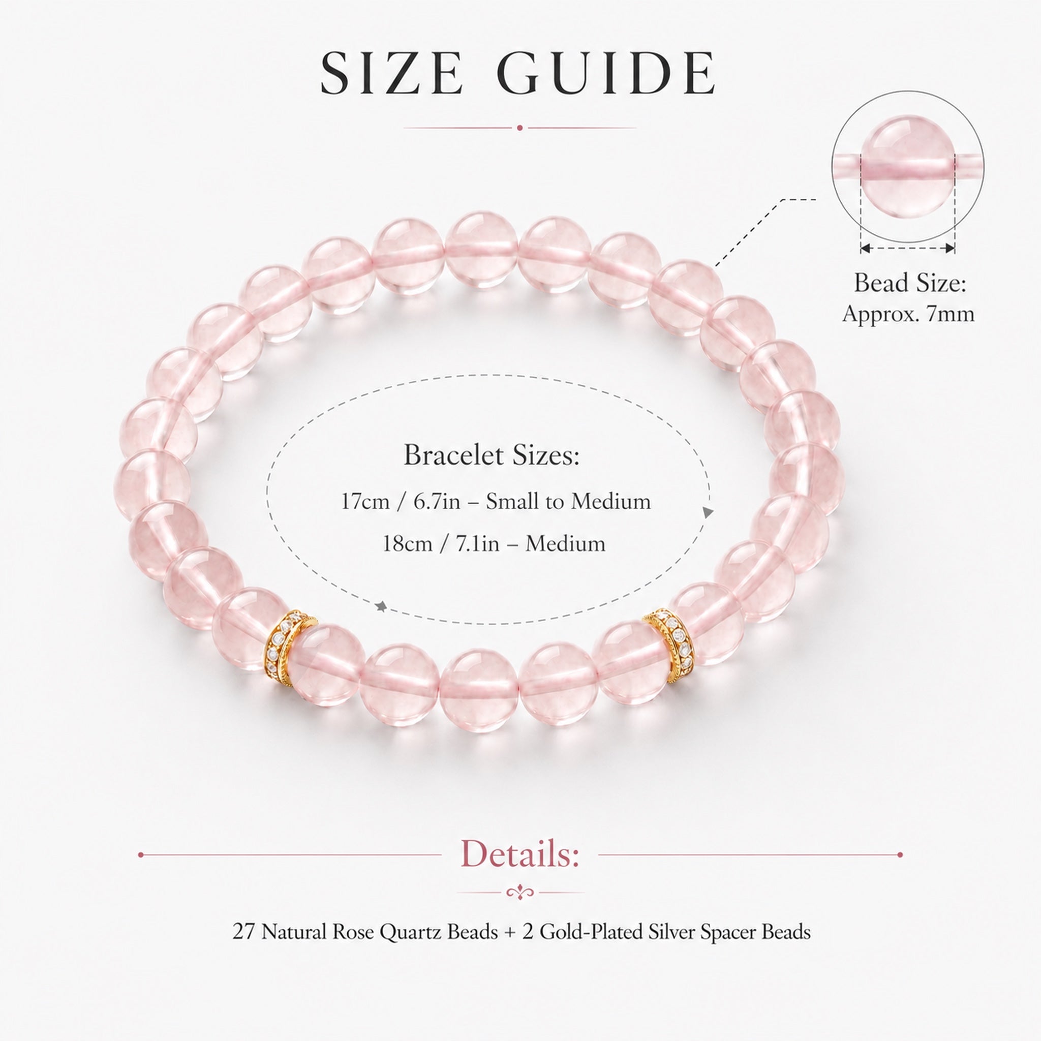 Natural Rose Quartz Bracelet | 7mm Pink Crystal Bracelet for Women