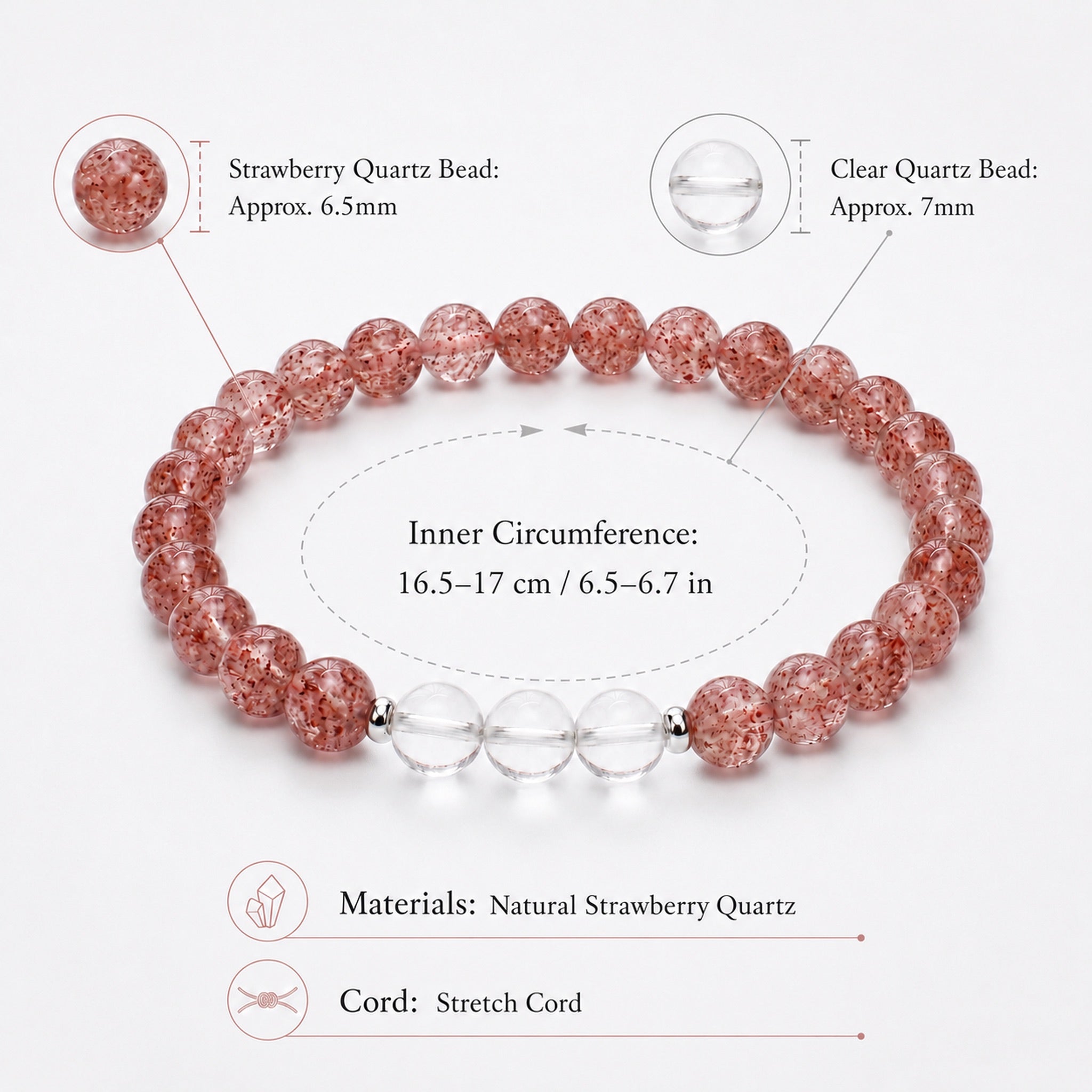 Natural Strawberry Quartz Bracelet with Clear Quartz & Silver Accents