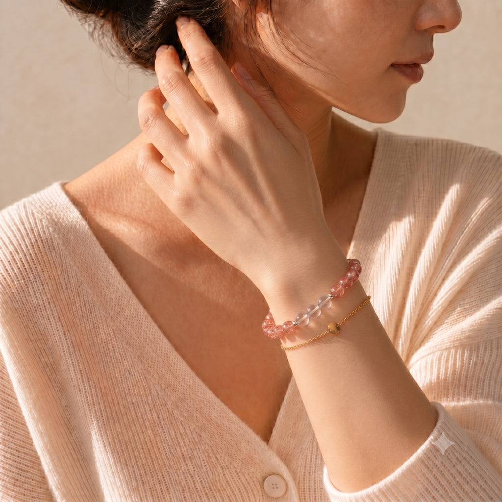 Natural Strawberry Quartz Bracelet with Clear Quartz & Silver Accents