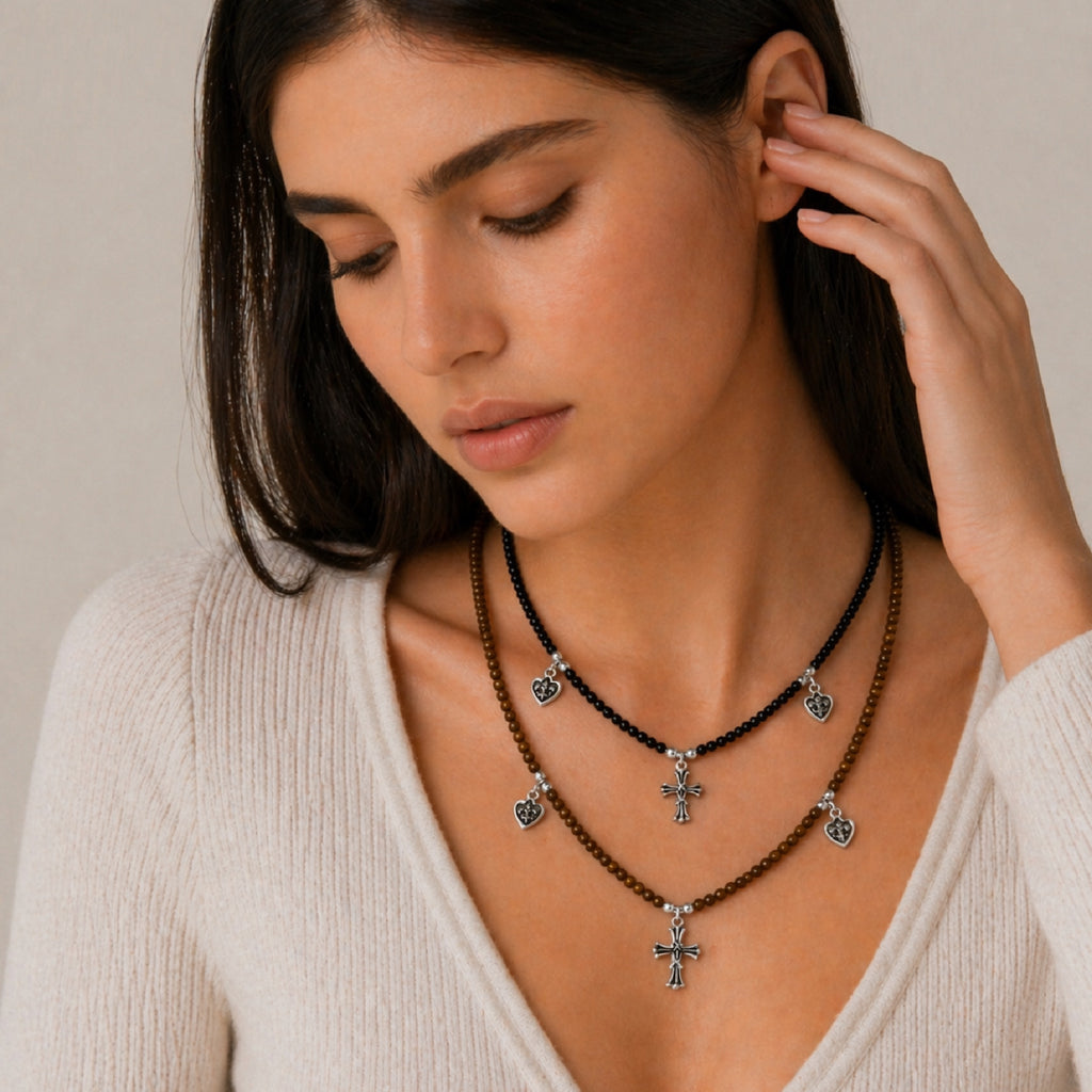 Vintage Cross & Shield Beaded Necklace Set