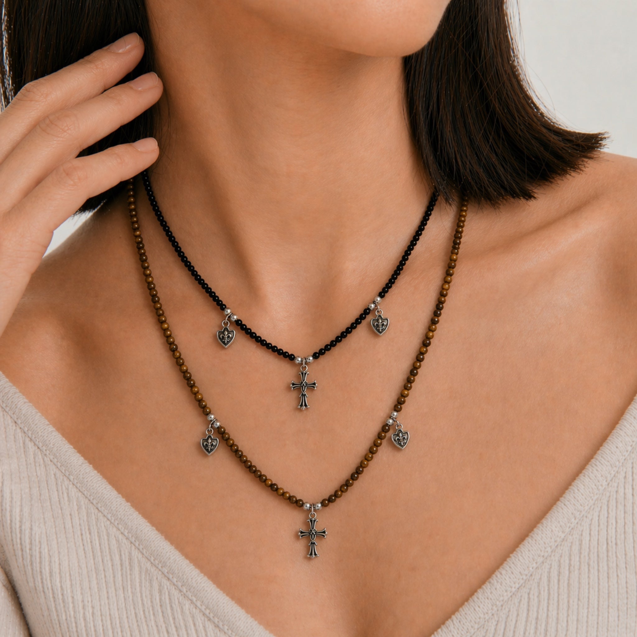 Vintage Cross & Shield Beaded Necklace Set